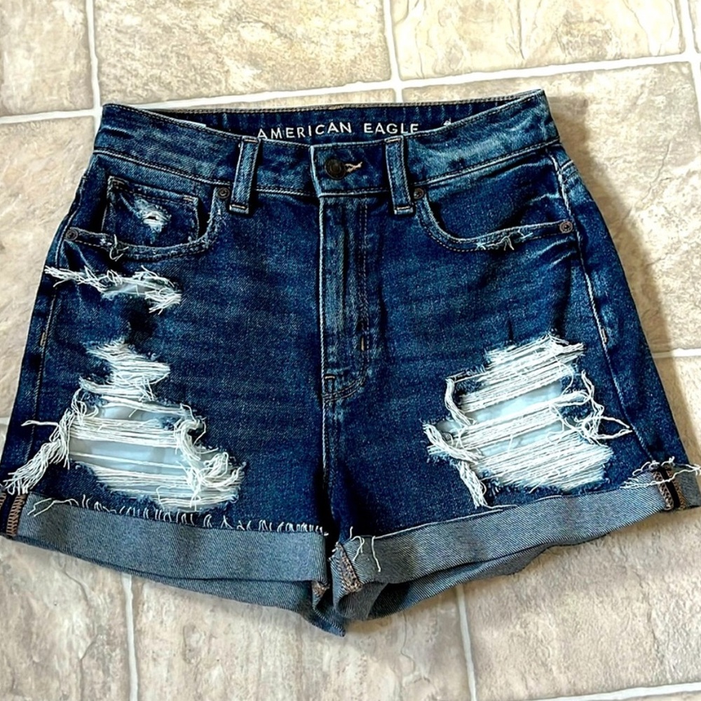 American Eagle Outfitters Mom Ripped Dark Blue Jean Shorts